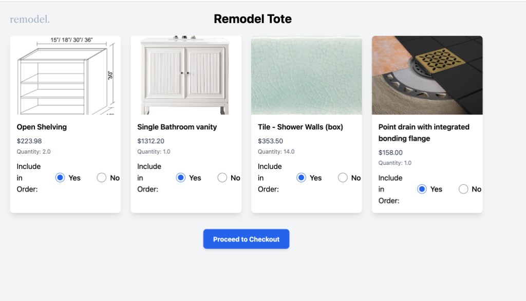 Customer cart page with selected remodel items before checkout