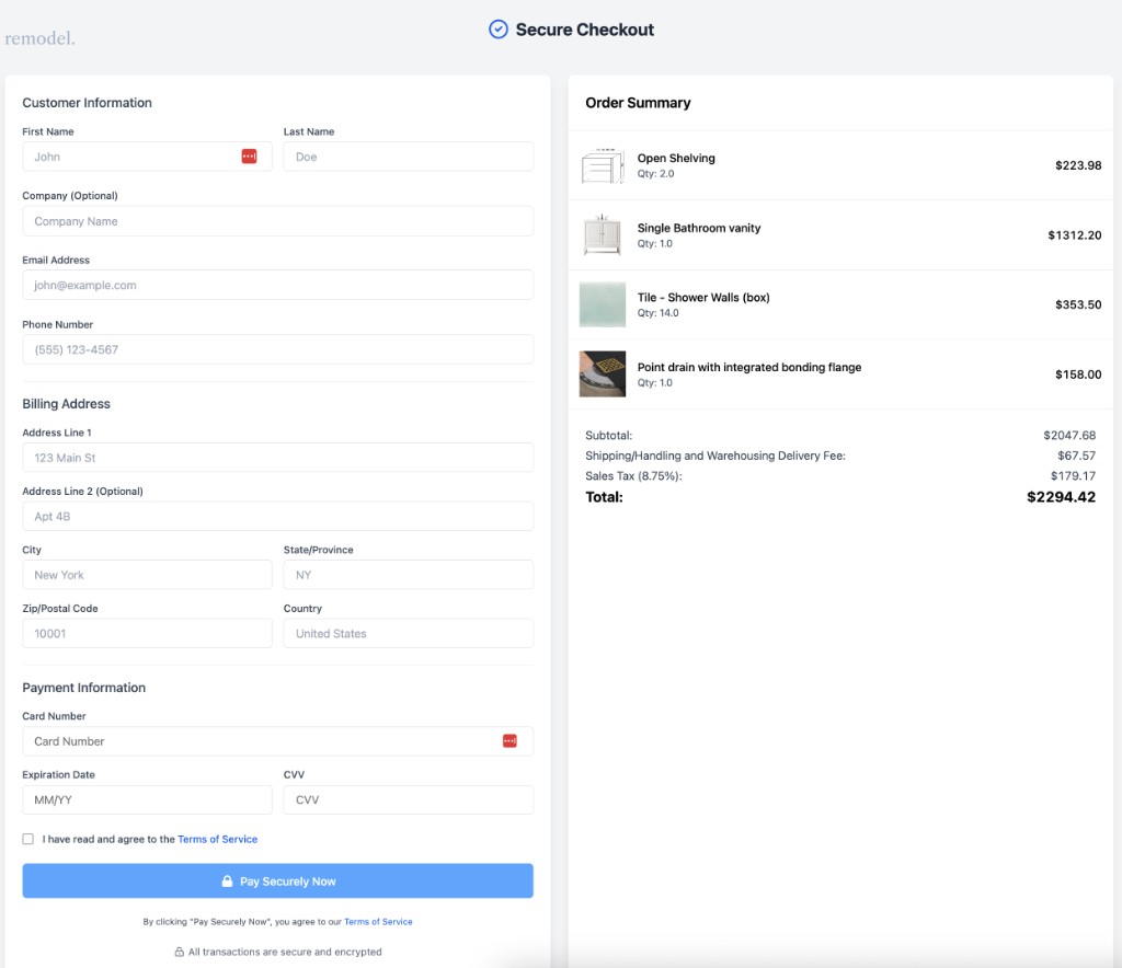 Secure checkout page showing order summary and payment form