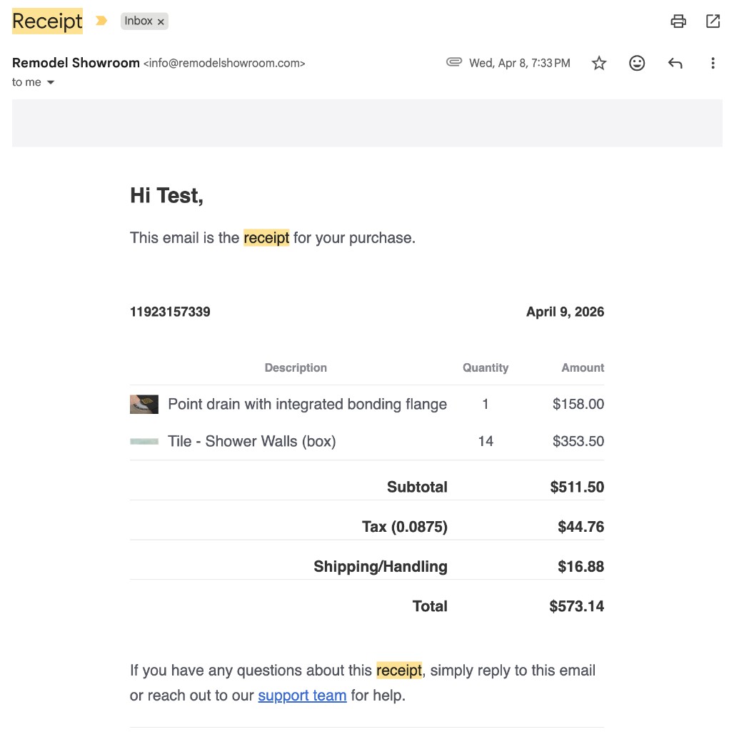 Receipt email confirmation sent after customer payment